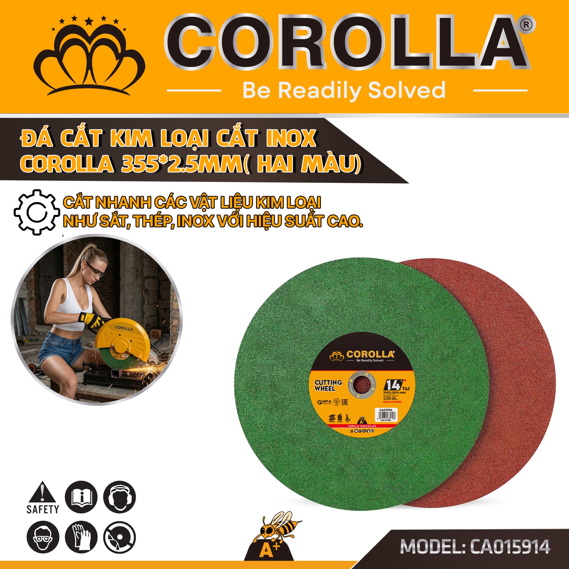 ĐÁ CẮT KIM LOẠI CẮT INOX COROLLA 355*2.5MM (HAI MÀU)
