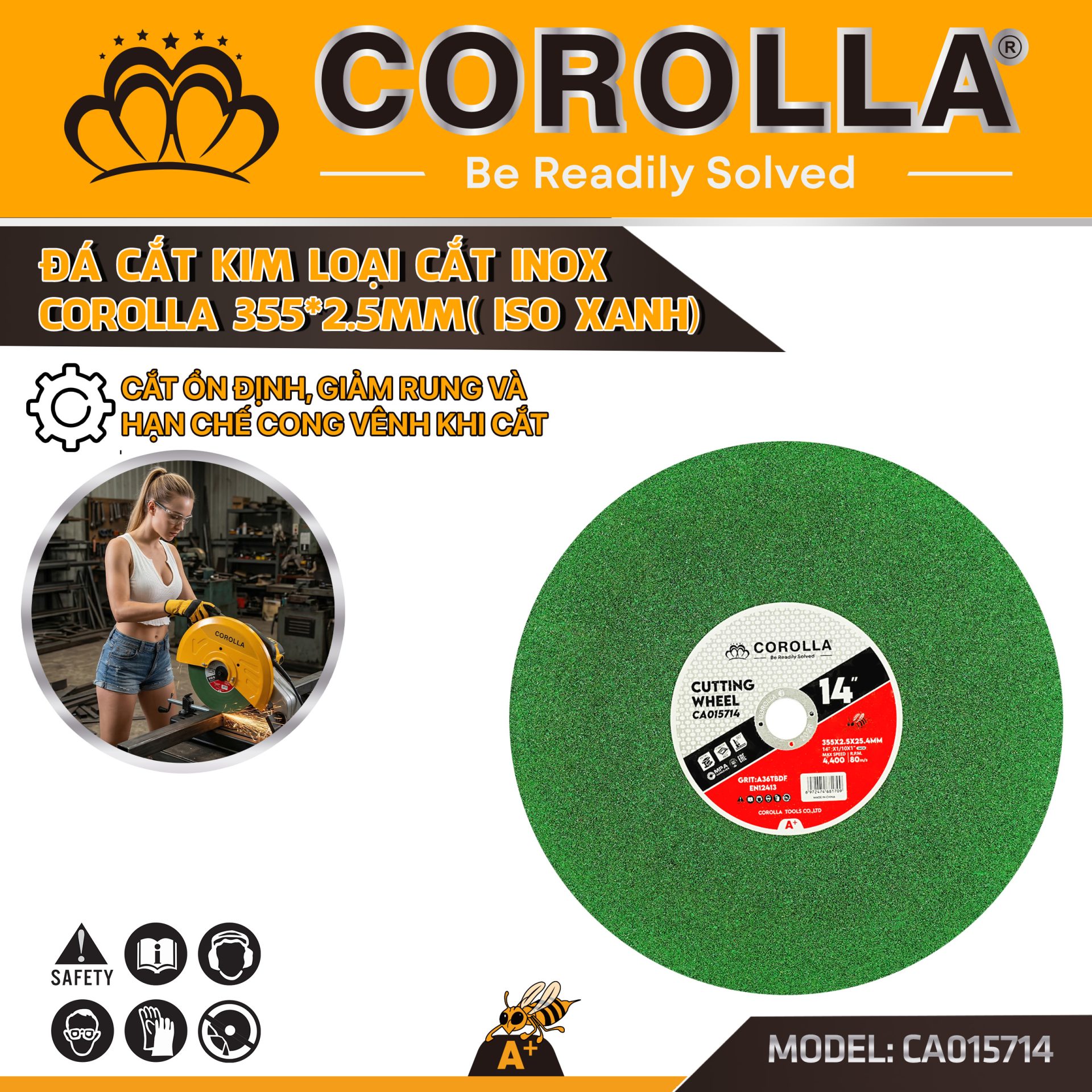 ĐÁ CẮT KIM LOẠI CẮT INOX COROLLA 355*2.5MM (ISO XANH)