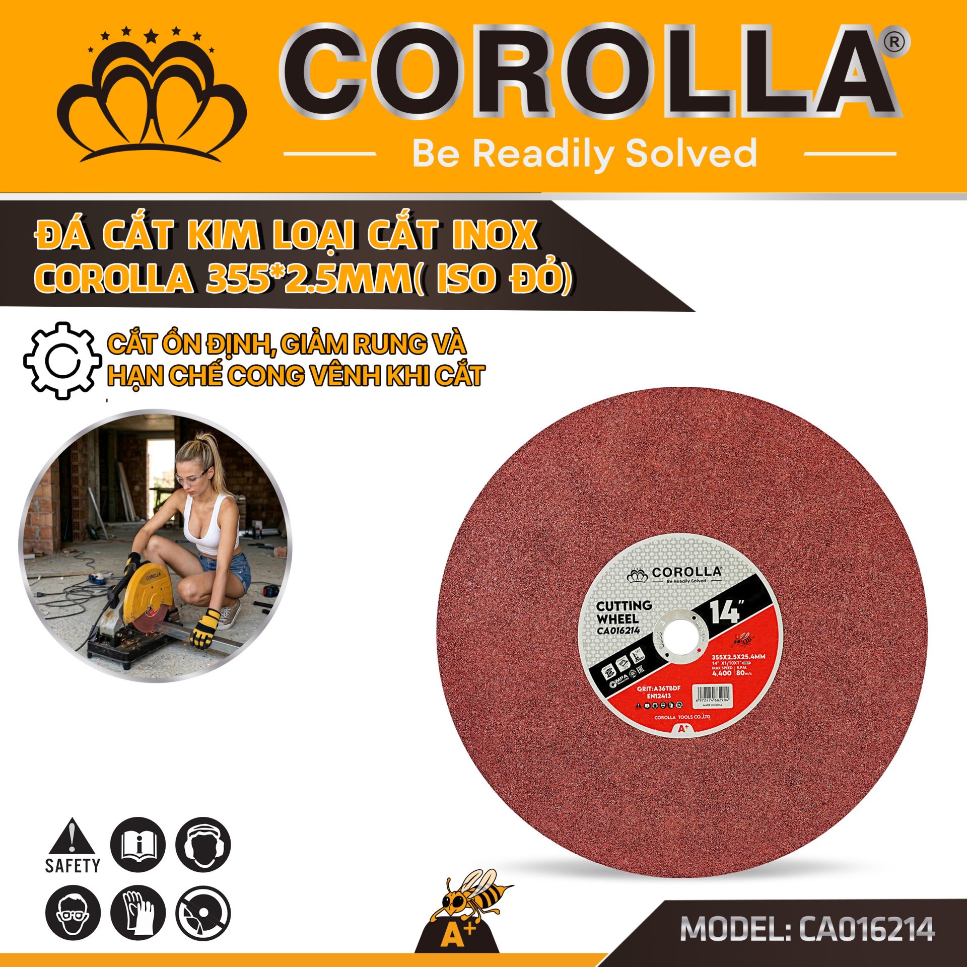 ĐÁ CẮT KIM LOẠI CẮT INOX COROLLA 355*2.5MM (ISO ĐỎ)