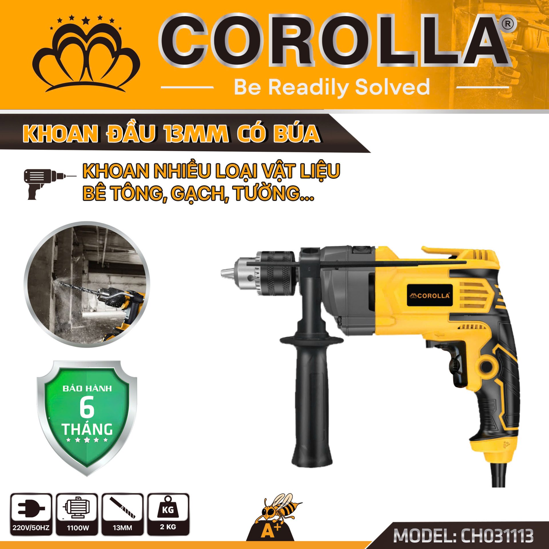 MÁY KHOAN ĐẦU 13MM KÈM BÚA COROLLA