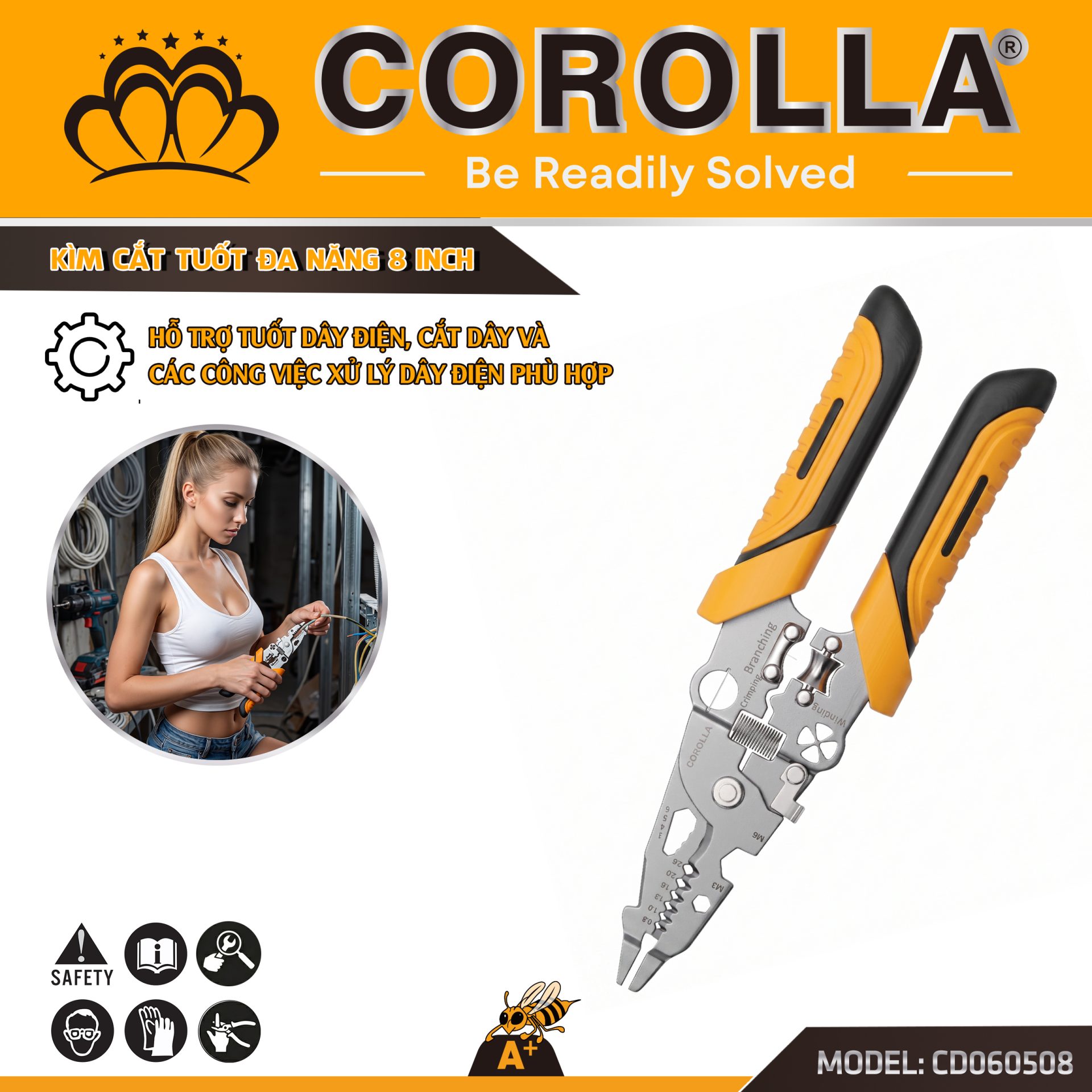 Kìm Cắt Tuốt Dây Điện Đa Năng 8 Inch COROLLA